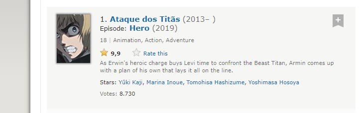 Episódio de Attack on Titan é um dos mais bem avaliados do IMDb